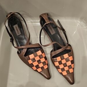 VINTAGE Karl Lagerfeld Brown & Salmon Checkered Sandals Super Funky!